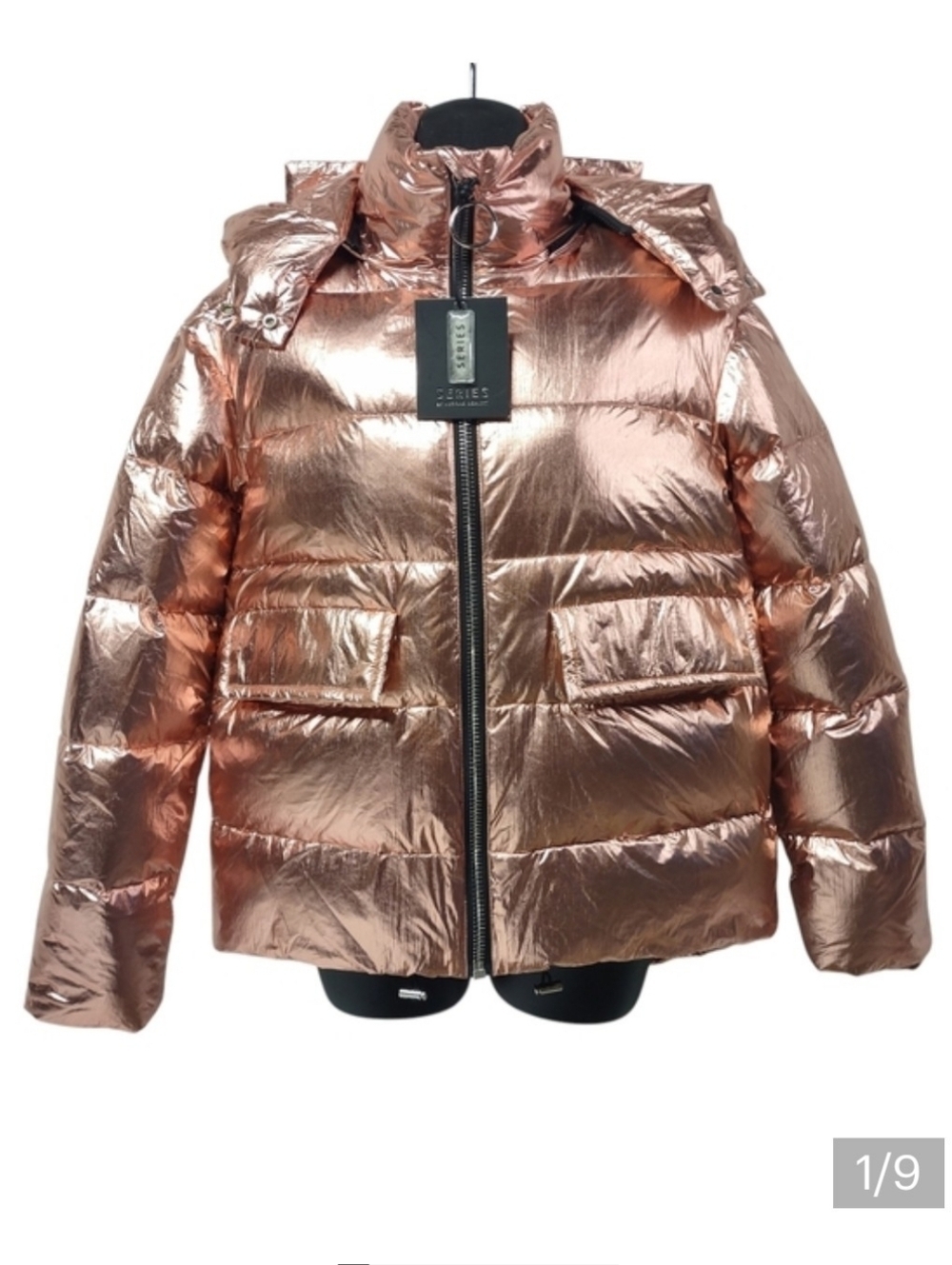 NWT Series By Nicole Benisti Metallic Pink Duck Down Hooded Puffer Jacke Size XS